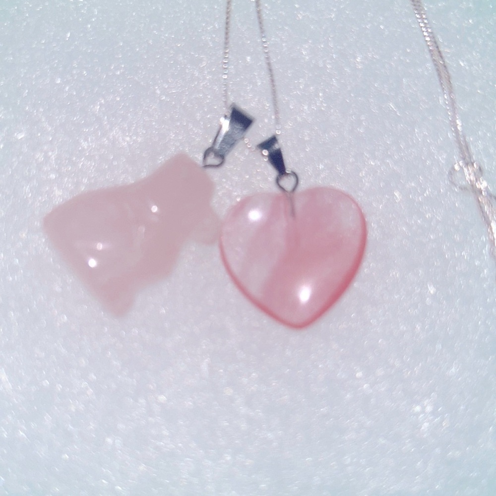 Boho Cherry Quartz love heart & Rose Quartz Dog Sterling Silver Necklace 16”